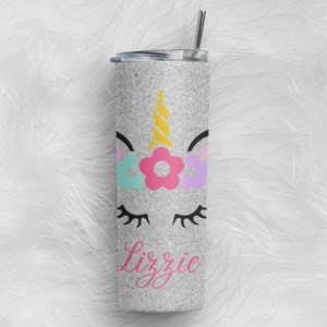 Unicorn Personalized Tumbler with Name and Silver Ombre Background - Custom Tumbler for Girls, Birthday Girl & Birthday Squad Gift