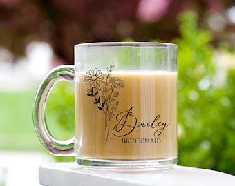 Personalized Birth Flower Gift Mug, Birth Month Glass Mug, Frosted or Clear, Bridesmaid Gifts, Bridal Party Favor, Bachelorette Party Gifts