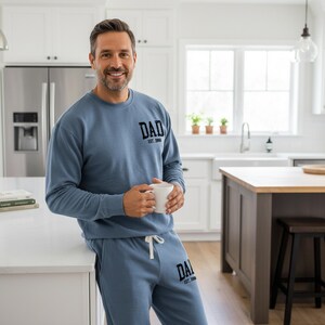 Personalized Dad Apparel Loungewear Set: Custom EST Dad Sweatshirt & Joggers - Clothing Gift for Dad - Pocket Design Blue Jean