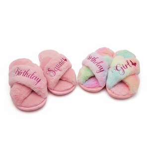 Pink birthday squad slippers and multicolor birthday girl slippers with butterfly symbol. These slippers are shown with fuchsia glitter but can be customize in a variety of other colors.