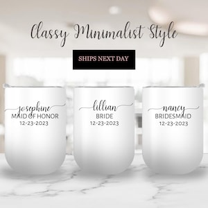 Spersonalizowany kieliszek do wina dla druhny z imieniem, tytułem i datą - Elegancki, minimalistyczny design na każdy temat ślubu - Prezenty na zaręczyny od panny młodej
