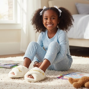 Flower Girl Slippers for ages 3 to 10. A great gift from bride to flower girl. These flower girl slippers are shown in ivory color but is also available in black, pink, gray, dusty rose and multicolor.