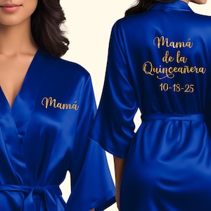 Mamá de la Quinceañera robes in various colors including royal blue, blush pink, wine burgundy, red and more. Personalized Quinceañera robes with custom name and date.