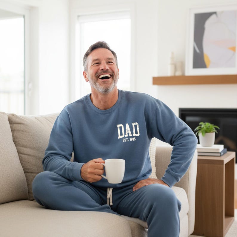 Personalized Dad Apparel Loungewear Set: Custom EST Dad Sweatshirt & Joggers - Clothing Gift for Dad - Pocket Design image 4