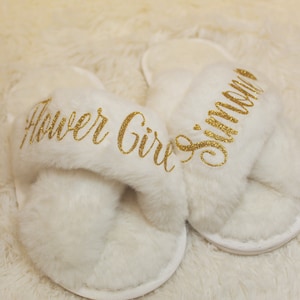 Personalized Flower Girl Slippers for little ones that can be customized with various text and glitter print.