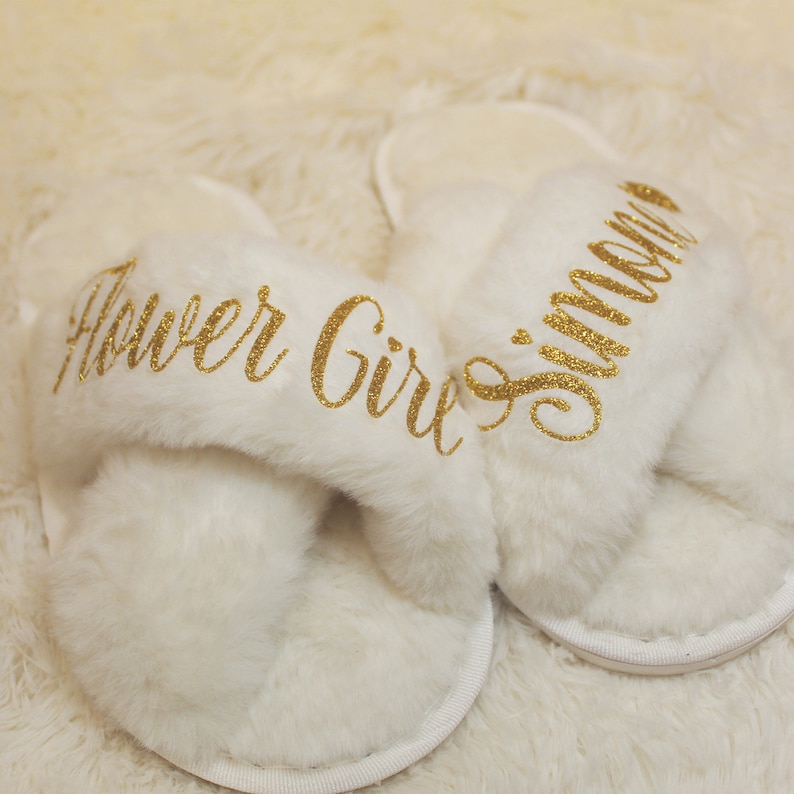 Personalized Flower Girl Slippers for little ones that can be customized with various text and glitter print.