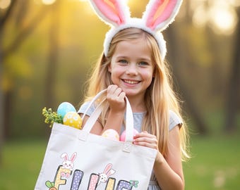 Borsa di Pasqua personalizzata per bambini, graziosa borsa regalo di Pasqua, regali di Pasqua per bambini, cestini di Pasqua personalizzati, borsa per la caccia alle uova di Pasqua per bambine, borsa tote di Pasqua