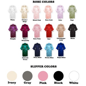 May include: A chart showing robe colors and slipper colors. Robe colors include white, cream/beige, blush pink, rose gold, lilac, sage, purple, wine/burgundy, rose pink, red, champagne gold, black, emerald green, navy blue, ocean blue, and royal blue. Slipper colors include ivory, gray, pink, black, and white.