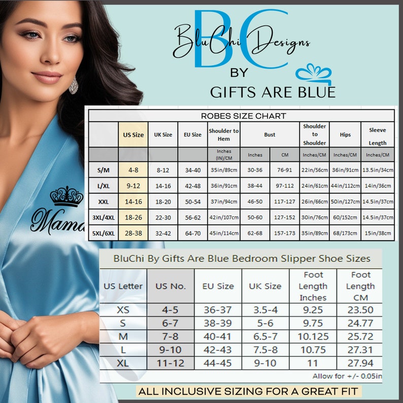 BluChi Robes and Slippers offers all inclusive sizing so everyone gets a great fit.  Robes are available in S/M, L/XL, XXL, 3XL/4XL and 5XL/6XL. Fluffy Slippers comes in US sizes 4 up to size 12 for women.