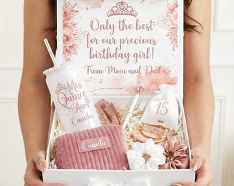 Personalized Rose Gold Quinceanera Gift Box with Bracelet, Rhinestone Cup & More