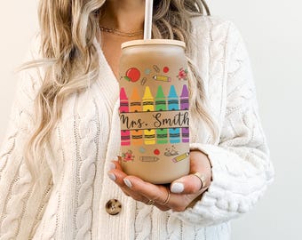 Teacher Iced Coffee Cups with Crayon Design, Funny Personalized Frosted Glass Can, Custom Name Teacher Appreciation Gift, End of Year Gift