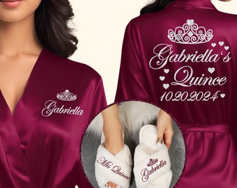 Personalized Mis Quince Robe Set with Slippers, Pretty Quinceanera Robes, Robes for Quinceanera Squad, Quinceanera Gifts, Satin Quince Robes