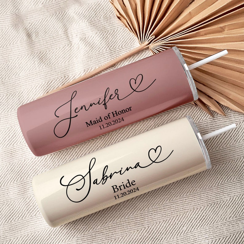 20oz Bridal Party tumblers. Cute maid of honor tumblers personalized with name, title and date. Tumblers for neutral wedding themes. Great bridesmaid proposal gifts.