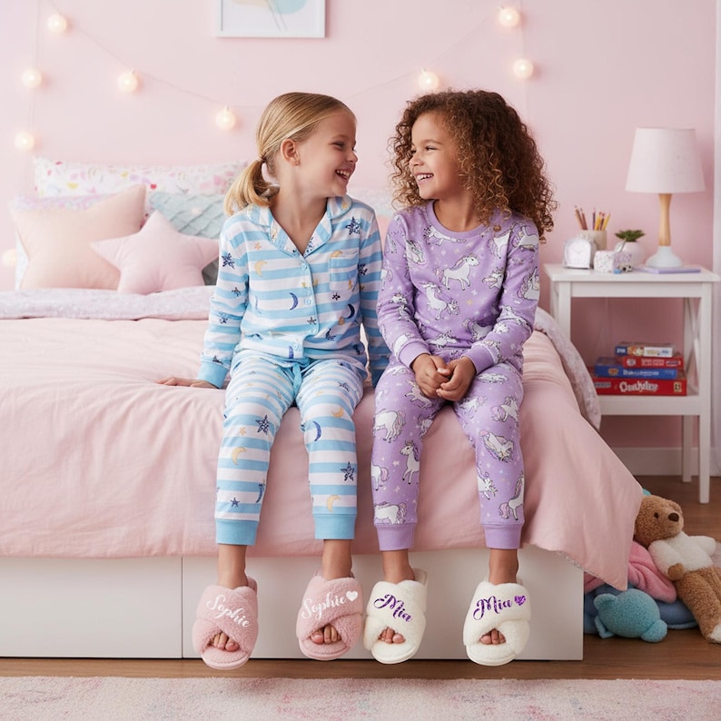 Girls fuzzy slippers for sleepover and birthday party favors. These girls slippers are available in sizes 3T to 3Y for ages 3 years to 10 years.