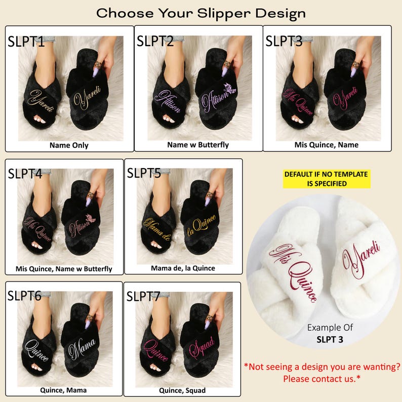 May include: Ten different designs for personalized slippers. The slippers are black with a criss-cross strap and are embroidered with names and phrases like "Mis Quince", "Mama de la Quince", and "Squad". One design features white slippers with the text "Mis Quince" and "Jareli" embroidered in red.