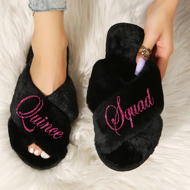 Fluffy black quince squad slippers. Personalized quinceanera gifts.