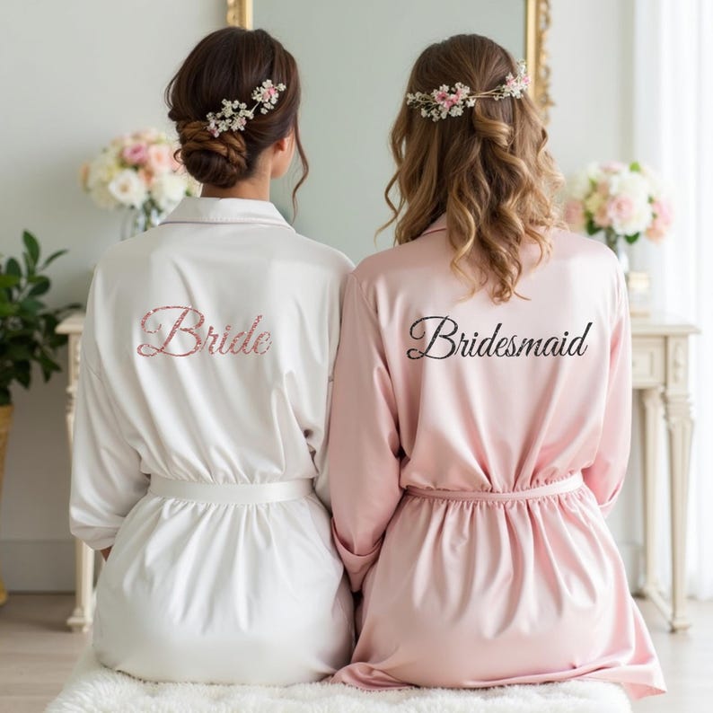 White and blush pink robes with custom text for women, bridesmaid, bride, friends and more. Great to wear on girls trips, spa days, bachelorette etc.