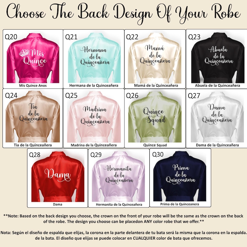 Custom Quinceañera robes for Mis Quince, Mamá, Abuela, Madrina, Prima, Dama, Hermanita, Tia and more. These personalized quince robes can be customized in the front and back or a unique look. A great keepsake gift for the Mis XV Anos.