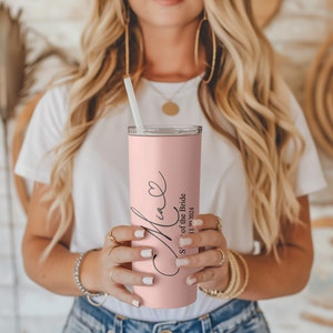 Pretty and simple bridesmaid tumblers. Personalized with your name, role and date. Cute gifts for sister of the bride. Great bridesmaid proposal gifts.