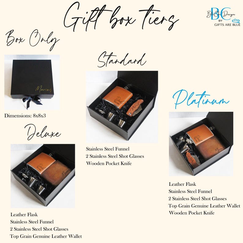 K&ouml;nnte beinhalten: Bild von Geschenkbox-Varianten: Box Only, Standard, Deluxe und Platinum. Die Box Only-Variante zeigt eine schwarze Box mit Schleife. Die Standard-Variante enth&auml;lt eine Lederflasche, Schnapsgl&auml;ser und ein Messer. Deluxe und Platinum enthalten eine Lederbrieftasche.