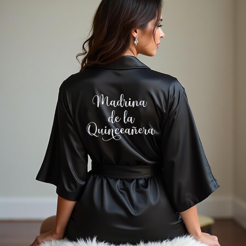 Madrina de la Quinceañera robe for getting ready and photoshoots with the Mis Quince Anos. Other designs also available, these customer quince robes are available in 26 colors and 9 sizes.