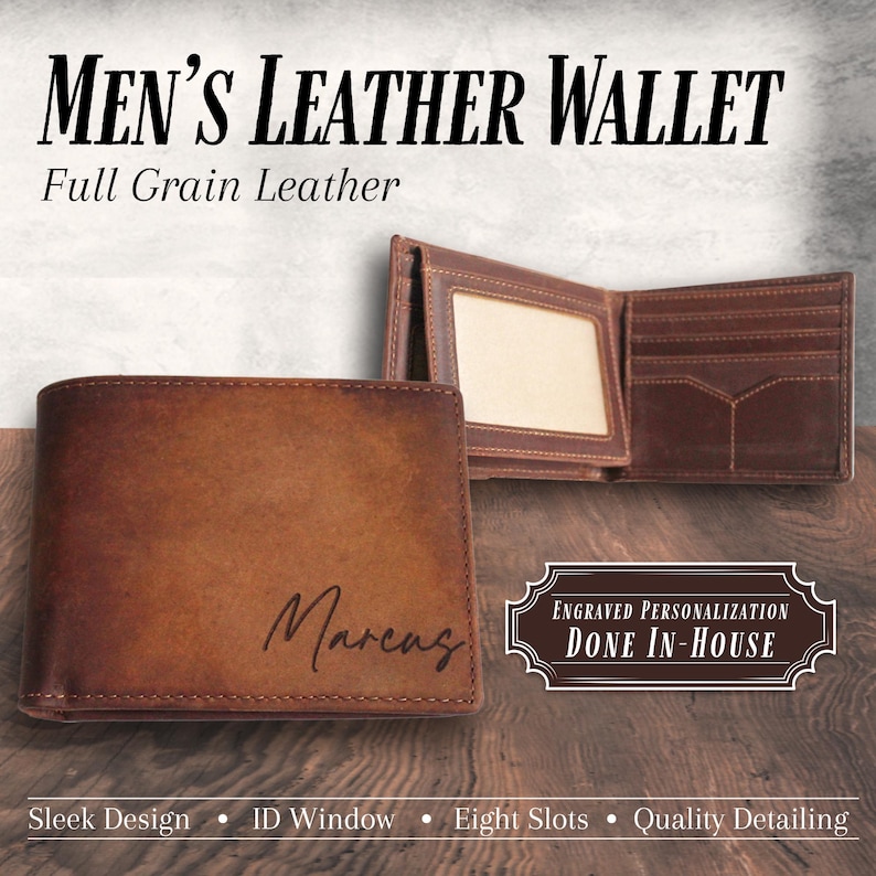 Personalized men's wallet with name engraved. Great gift for dad from daughter.
