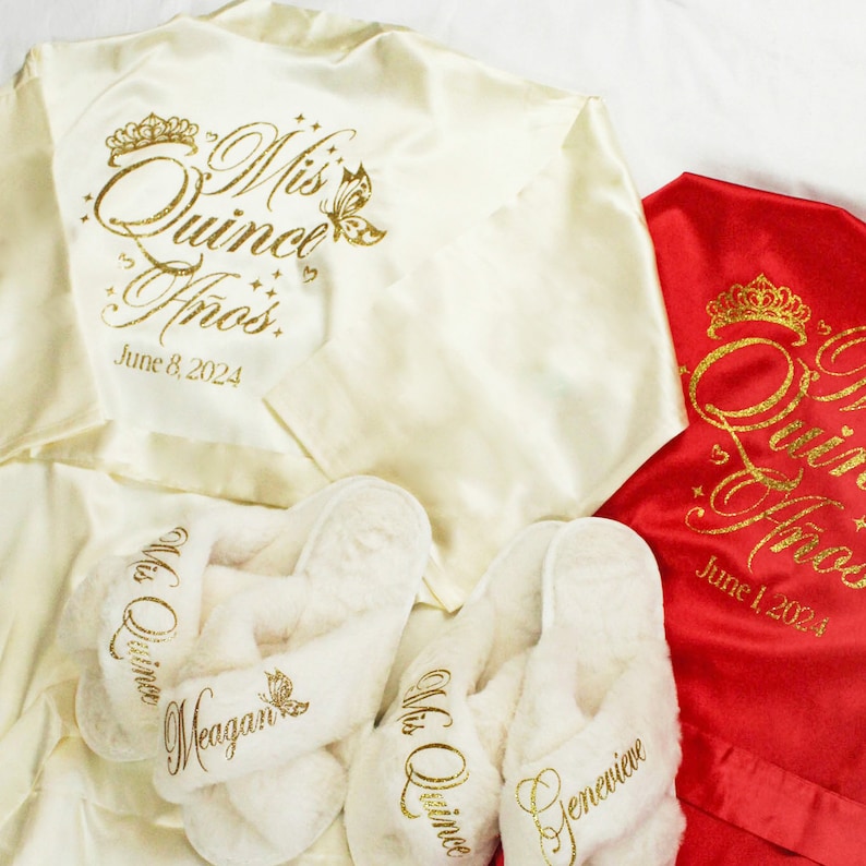 Cream beige and red mis quince anos robes with slippers. Pretty quinceanera gifts for mis 15 anos.