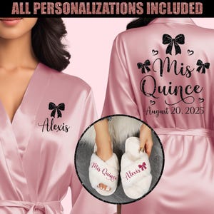 Bow Theme Mis Quince Anos Robe Set with Slippers, Pretty Quinceanera Robes, Quinceanera Gifts, Satin Quince Robes, Mis 15, Birthday Robes