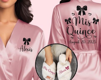 Personalized Quinceanera Satin Robe & Slipper Set: Mis Quince Anos Gift