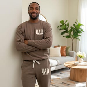 Personalized Dad Apparel Loungewear Set: Custom EST Dad Sweatshirt & Joggers - Clothing Gift for Dad - Pocket Design Espresso