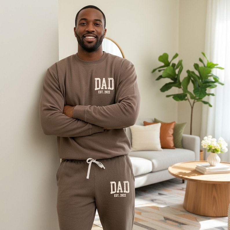 Personalized Dad Apparel Loungewear Set: Custom EST Dad Sweatshirt & Joggers - Clothing Gift for Dad - Pocket Design Espresso