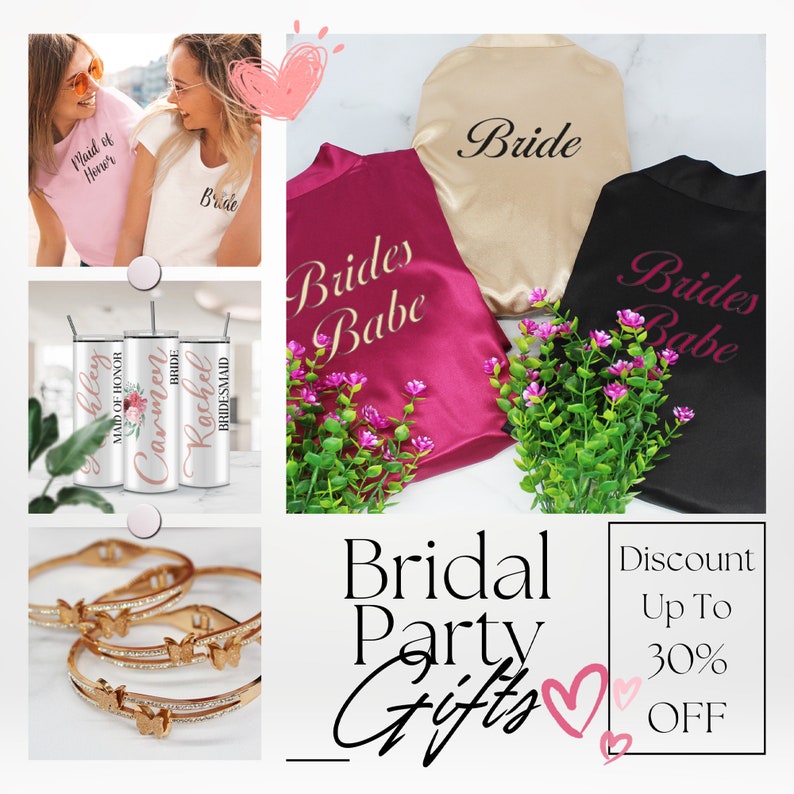 Shop for bridesmaid gifts for your entire bridal party.  Get personalized gifts for your bridesmaids, maid of honor, matron of honor, bride, mother of the bride, mother of the groom, flower girl and more.
