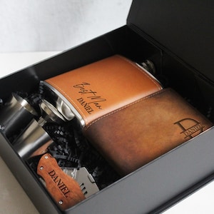 Personalized Groomsmen Gift Box: Leather Wallet, Flask & Knife Proposal Set