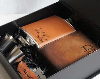 Personalized Groomsmen Gift Box: Leather Wallet, Flask & Knife Proposal Set