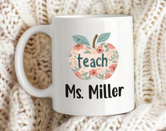 Personalized Teacher Mug with Apple, Gift for Teacher with Custom Name, Teacher Appreciation Gift, Coffee Mugs for Teachers, 11oz & 15oz