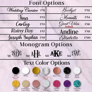 Personalized Women Robes Font Options with monogram style selections.  Customized your solid satin robes in the front and back for weddings, bachelorette, vacation getaways, quinceaneras, sweet sixteen and more.