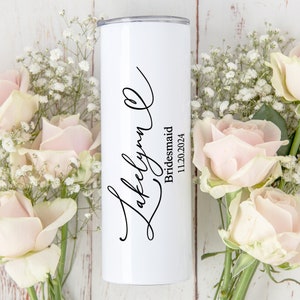 Simple 20oz personalized bridesmaid tumblers. Great tumblers for bachelorette parties or weddings. Bridesmaid proposal gifts.