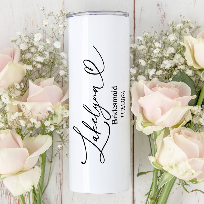 Simple 20oz personalized bridesmaid tumblers. Great tumblers for bachelorette parties or weddings. Bridesmaid proposal gifts.