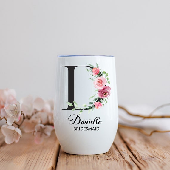 Wine Tumbler Personalized with Floral Initials, Name and Title or Date - Great Custom Gift for Her on Birthday, Retirement, Wedding Etc