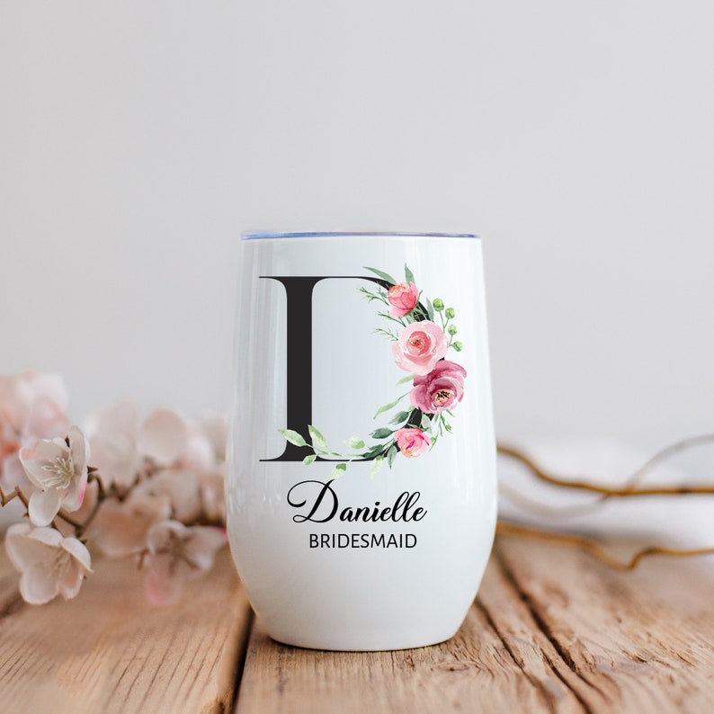 Personalized bridesmaid gift idea for the entire bridal party.  Customize with floral initials, name and title.  This gift can be added to a bridesmaid proposal box or gifted individually.