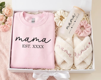 Personalized Mom Gift Set Bundle or Push Gift for New Mom with Mama Sweatshirt, Slippers, Tumbler & Custom Box