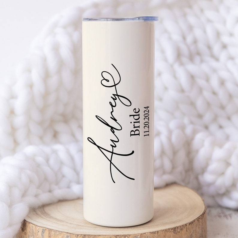 20oz personalized ivory bride tumblers. Cute gifts for bride for wedding or bachelorette party.