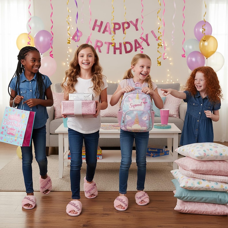 Birthday squad slippers in pink for girls ages 3 to 10.  These slippers can be customized with any text and a great as birthday favors for the guests.