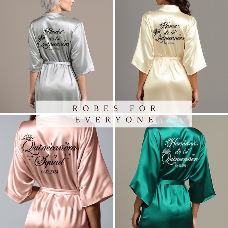 Getting ready robes for Quinceanera. Robes for Hermana de la Quince, and Quinceanera squad. Abuela de la Quinceanera robes.