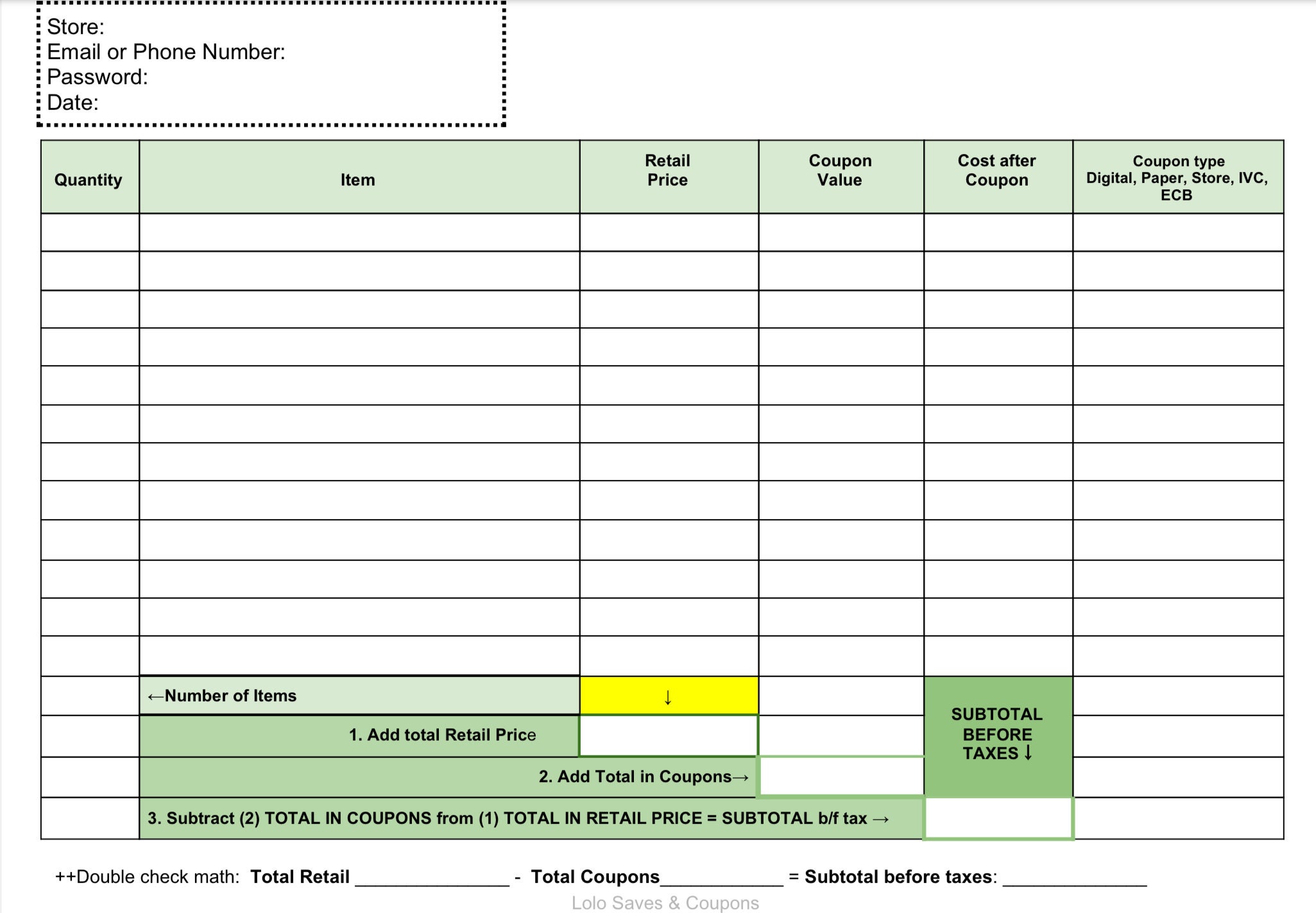 Printable Coupon Breakdown Sheet