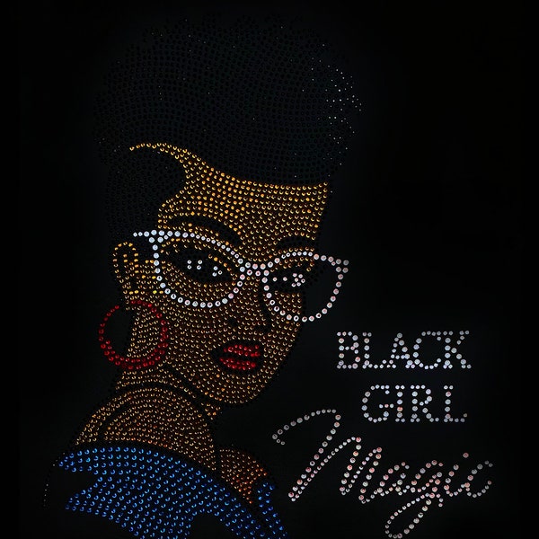 Black Girl Magic - Short Hair Brown Skin Diva - Iron-on Rhinestone Transfer - Bling Hotfix DIY T-Shirt Decal