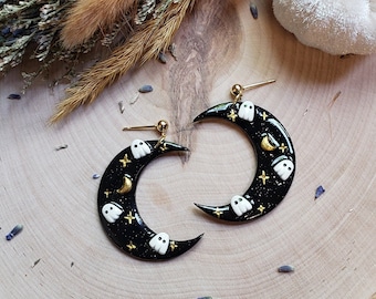 Haunted Ghost Gold Moon Halloween Clay Dangle Earrings | Hypoallergenic | Lightweight