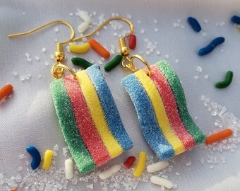 Rainbow Sour Belt Gummy Candy Dangle Earrings | Hypoallergenic Earrings
