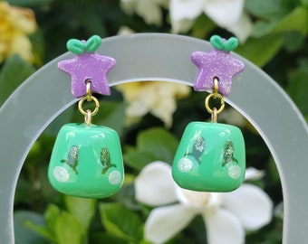 Stardew Junimo Purple Starfruit Dangle Stud Clay Earrings