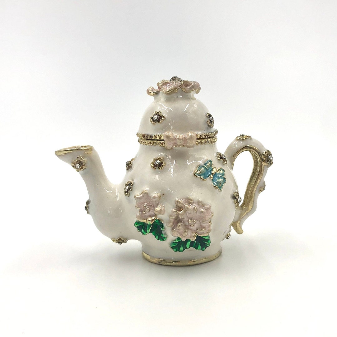 Floral Teapot Trinket Box, Enameled Metal, Hinged With Closure